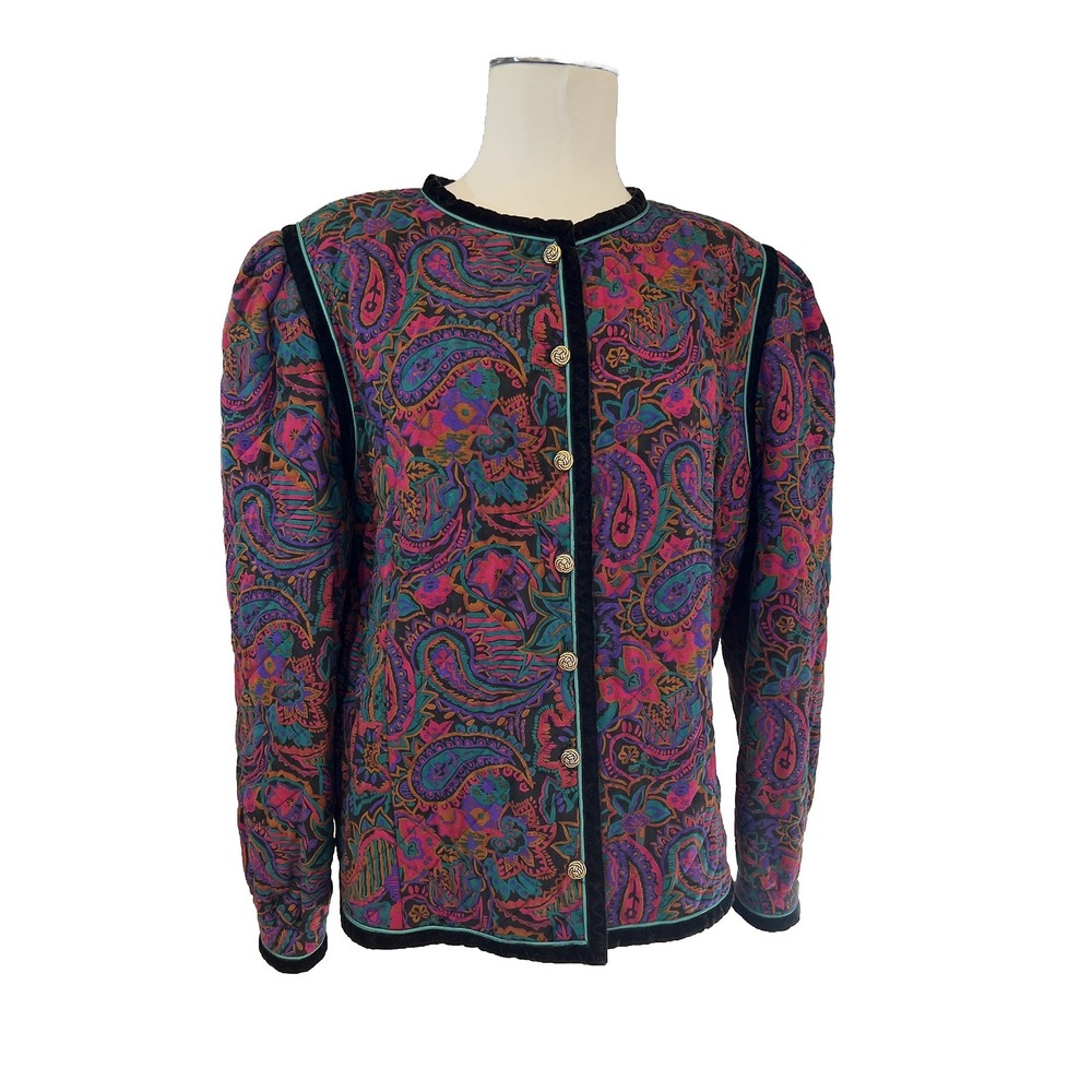 VTG DAVID MOLHO Creation FRANCE Quilted Paisley Multi Velour trim Blazer FR48~LG